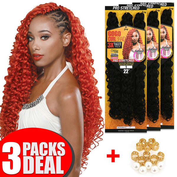 [3 PACKS DEAL] Royal Zury Synthetic 3X Value Pack Pre-Stretched 22" Crochet Braid GOGO CURL BRAID 3X w/Filigree